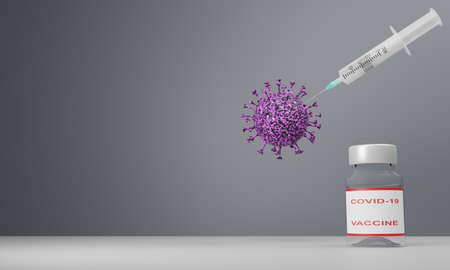 3D render of a syringe with covid-19 vaccine killing life-threatening virus. Illustration of a digital image for medicine.の写真素材