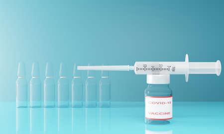 3D render of a syringe with a needle and covid-19 vaccine in a glass ampoule. Illustration of a digital image for medicine.の写真素材