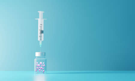 Glass bottle vial of covid-19 vaccine and syringe.3D render of a glass medical ampoule with an antiviral drug. Illustration of a digital image for medicine.の写真素材