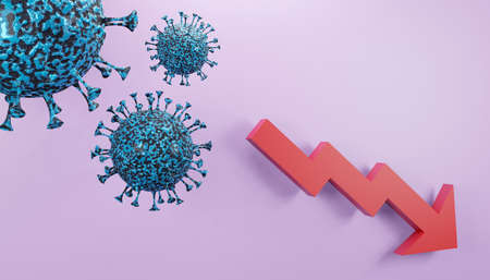 3D render of the decrease in incidence during the second and third waves of covid-19 with an downward arrow and coronavirus.Digital image illustration.の写真素材
