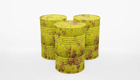 3d render of a group of old rusty yellow metal barrels.の写真素材