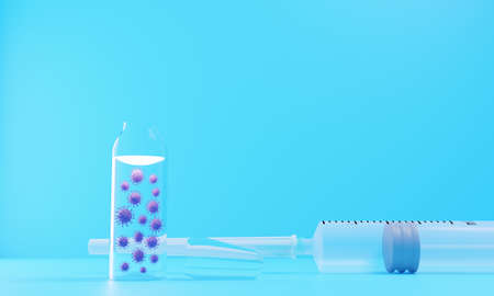 Glass bottle vial of covid-19 vaccine and syringe.3D render of a glass medical ampoule with an antiviral drug.Illustration of a digital image for the immunization of the population.の写真素材