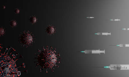 3D render of the Coronavirus and syringes with a needles. Medical concept of outbreak of...