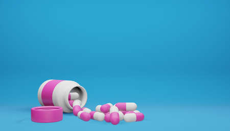 3D render of a plastic bottle with antiviral drugs in capsules. Illustration of a digital image for medicine.の写真素材
