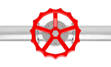 3D render glossy metal pipe with red valve from top view isolated on a white background.Illustration...