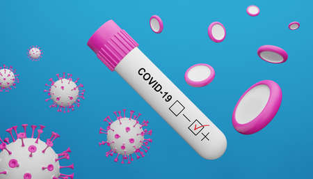3D render of coronavirus and positive covid-19 test.Medical concept of outbreak of life-threatening...