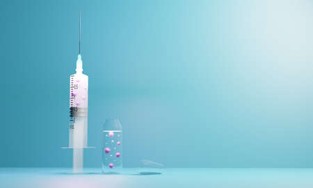 Glass bottle vial of covid-19 vaccine and syringe.3D render of a glass medical ampoule with an antiviral drug.Illustration of a digital image for the immunization of the population.の写真素材