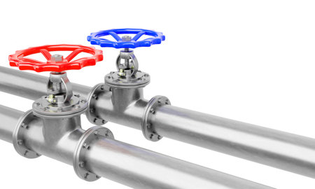 3d render blue and red valves on steel pipes diagonal view isolated on a white background.Illustration of a digital image for industrial.の写真素材