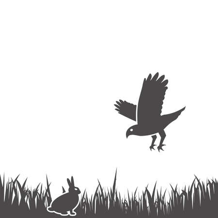 Bird of prey hunt a rabbit in the grass icon in flat style.Vector illustration.のイラスト素材