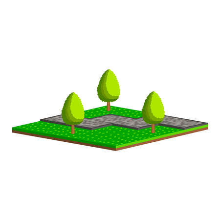 Design of a park zone.Walking path from paving slabs with trees and grass.Vector isometric and 3D view.のイラスト素材