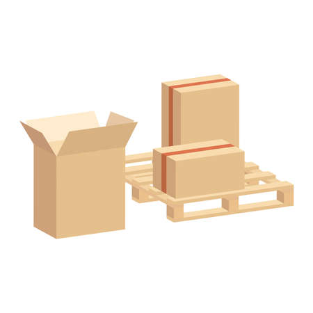 Shipping parcels in cardboard boxes, packed on pallet.Vector isometric and 3D view.のイラスト素材