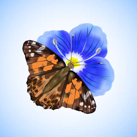 Butterfly Painted lady or Vanessa Cardui sitting on a blue flower isolated on white and blue background.Vector illustration.のイラスト素材