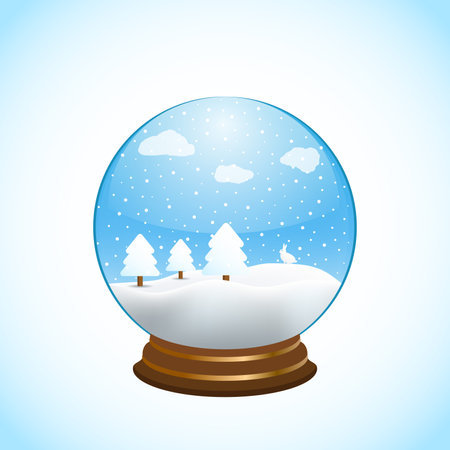Winter snowy glass ball with fir trees and a rabbit.Vector illustration.のイラスト素材