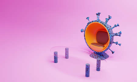 3D render of a semicircular chair in the form of a  virus and a glass table. Digital illustrations for your interior.の写真素材