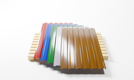 3D render of a metal profiled panel on pallet in the assortment of five popular colors isolated on a white background.Illustration of a digital image for business and industrial.の写真素材