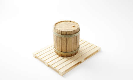 3D rendering of a vintage wooden wine and beer barrel standing on a pallet.の写真素材