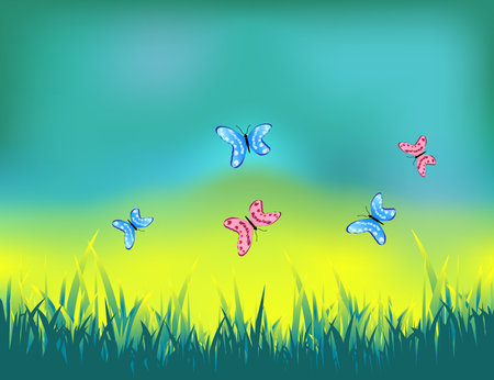 Summer sunny day landscape with butterflies in the grass. Life of insects in the meadow.のイラスト素材