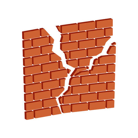 Ruined brick wall isolated on white background.Isometric and 3D view.のイラスト素材