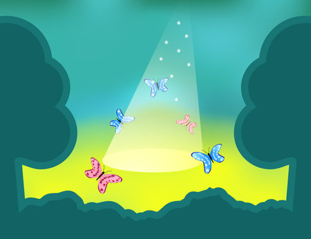 Forest landscape. On a clearing in the forest, butterflies are flying in the sunbeam.のイラスト素材