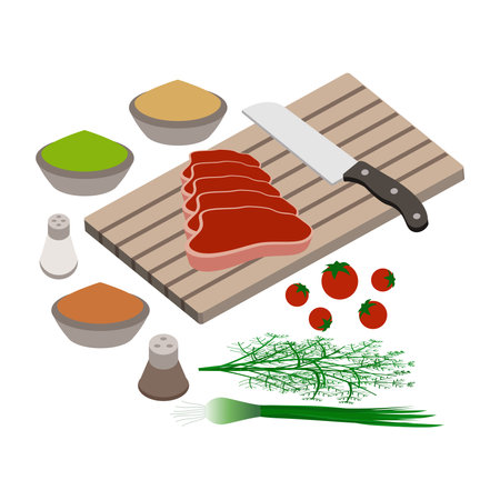 Cooking a steak for a barbecue. Cutting board with a kitchen knife, steak and aromatic spices isolated on white background.Isometric and 3D view.のイラスト素材