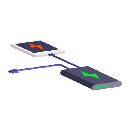 Smartphone is charging with power bank isolated on white background.Isometric and 3D view.のイラスト素材