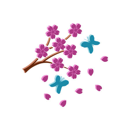 Blooming sakura and flying butterflies.Isometric and 3D view.のイラスト素材