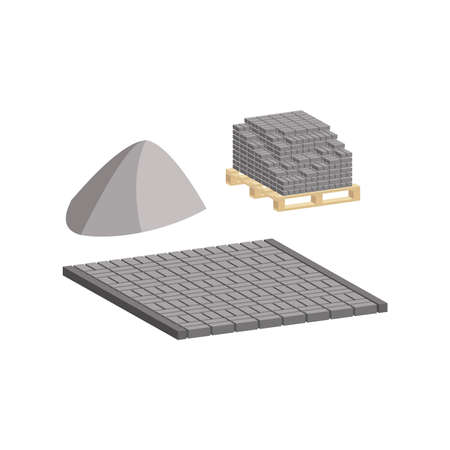Paving slabs on a pallet with a pedestrian walkway made of paving slabs and borders.Vector isometric and 3D view.のイラスト素材