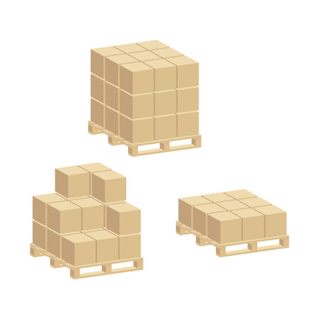 Set of cardboard boxes packed on pallets isolated on white background.Isometric and 3D view.のイラスト素材