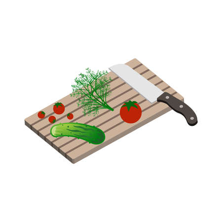 Cooking summer salad. A cutting board with a kitchen knife and with a tomato, cucumber, dill isolated on white background.Isometric and 3D view.のイラスト素材