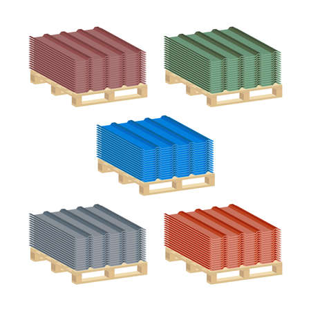 Set Roofing Sheet Iron on a pallet isolated on white background.Isometric and 3D view.のイラスト素材
