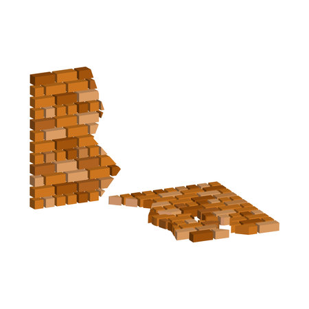 Ruined brick wall isolated on white background.Vector isometric and 3D view.のイラスト素材
