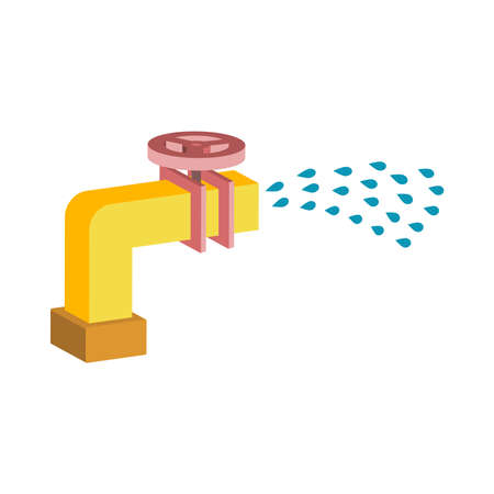 Water pipe with open valve and spray of water.Vector isometric and 3D view.のイラスト素材