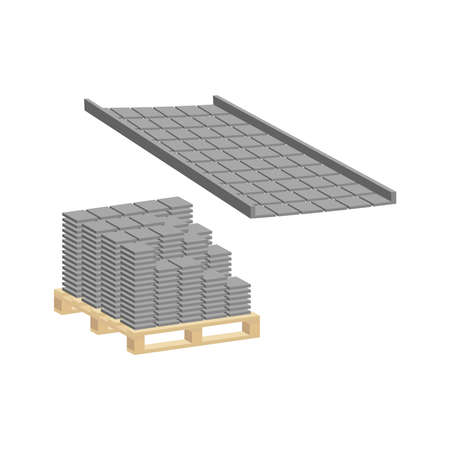 Paving slabs on a pallet with a pedestrian walkway made of paving slabs and borders isolated on white background.のイラスト素材