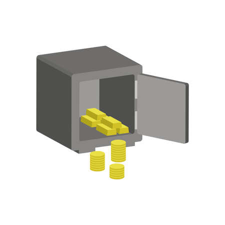 Safe with coins and gold bars isolated on white background.3d vector illustration and isometric view.のイラスト素材