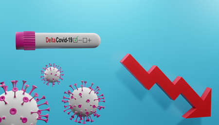 3D render of the decrease in the incidence of the Delta covid-19 variant. Medical concept of life-threatening Covid-19 coronavirus outbreak. Illustration of a digital image for medicine.の写真素材