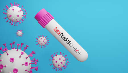 3D render of the coronavirus and a positive test of the Delta covid-19 variant. Medical concept for the outbreak of the life-threatening Covid-19 virus. Illustration of a digital image for medicine.の写真素材