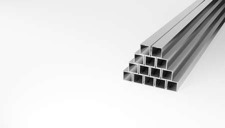 3d render of stacked metal square thick-walled profile pipe. side view isolated on white background. Digital illustration for your business and industry.の写真素材