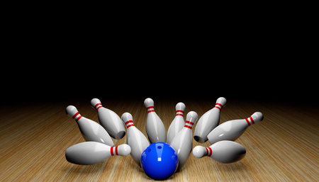 3d render of a bowling strike with skittles and a ball.Digital image illustration.の写真素材