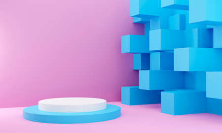 3D render of a podium in soft tones of blue and white for product presentation against a background of geometric shapes. Illustration of a digital image.の写真素材