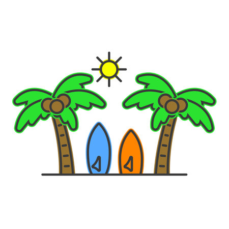 Surfboards and beach with palm icon isolated on white background.Vector illustration.のイラスト素材