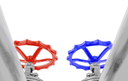 Blue and red valves on steel pipes down view isolated on a white background.Realistic vector illustration for industrial.のイラスト素材