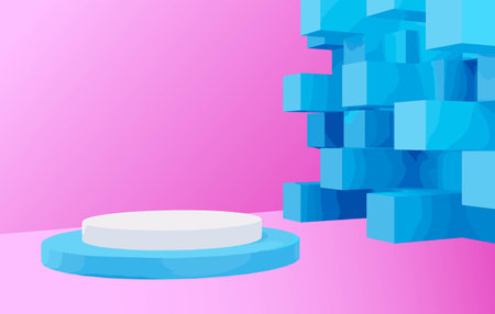Podium in soft tones of blue and white for product presentation against a background of geometric shapes. Vector Illustration.のイラスト素材
