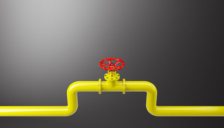 3d render of a gas pipeline with valve on a black wall with copy space for your text.の写真素材