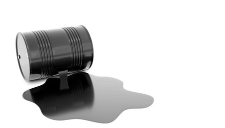 3d render of a damaged metal barrel of oil with copy space on a white background.Digital image illustration.の写真素材