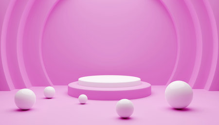 3d rendering of a pink and white podium for a product presentation with geometric shapes.Digital image illustration.の写真素材