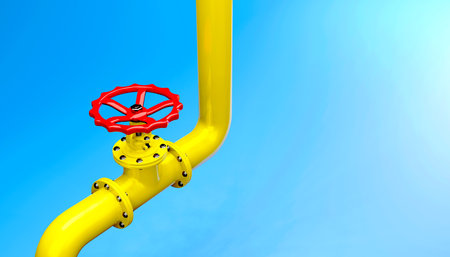 3d render gas pipeline diagonal view with valve on a blue background with copy space for your text.Illustration of a digital image for industrial.の写真素材