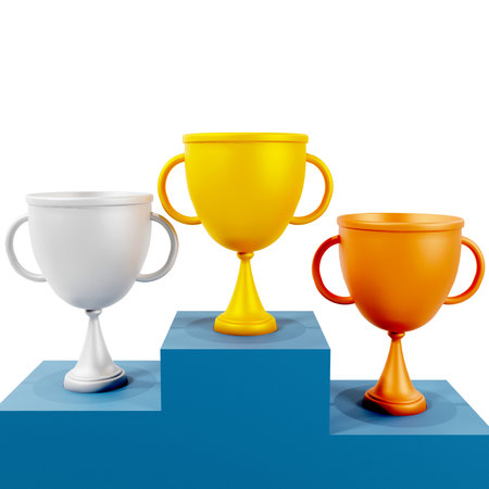 3d render of trophy cups made of gold, silver and bronze for winning places in sports.Illustration of a digital image for sport.の写真素材