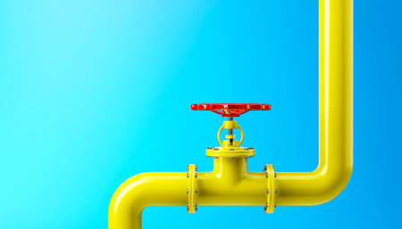 3d render gas pipeline with valve on a blue background with copy space for your text.Illustration of a digital image for industrial.の写真素材
