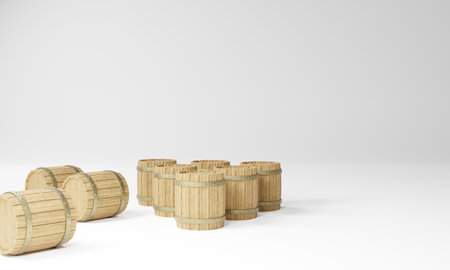 3D render of vintage wooden wine and beer barrels.Digital illustration for your business and industry.の写真素材