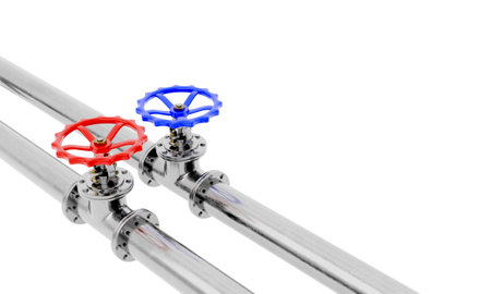 3d render blue and red valves on steel pipes diagonal view isolated on a white background.Illustration of a digital image for industrial.の写真素材
